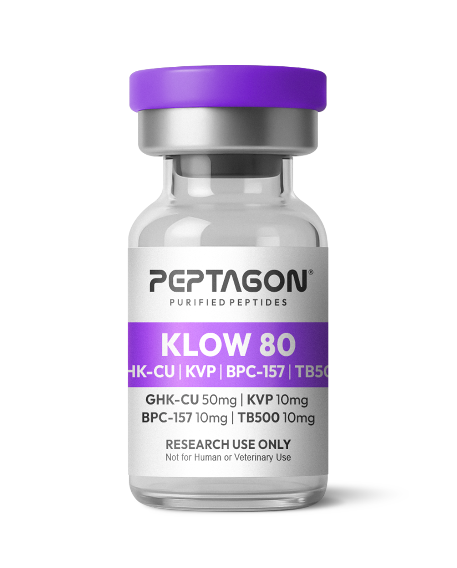 Peptagon Klow 80 vial with purple cap and label showing GHK-CU, KVP, BPC-157, TB500